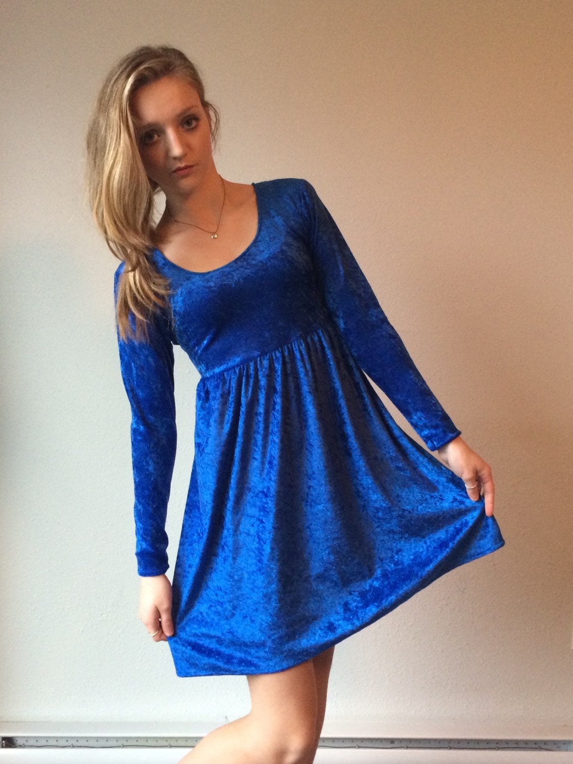 90s Crushed VELVET Baby Doll Dress Babydoll Dress Blue