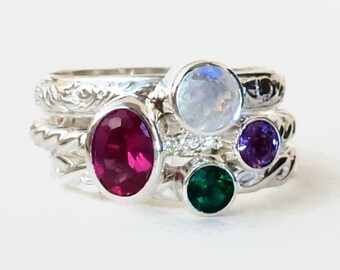 Mothers Ring - 3 Birthstone Stacking Rings with 4 Faceted Gemstones - Family Ring - Sterling Silver - citrine garnet emerald peridot