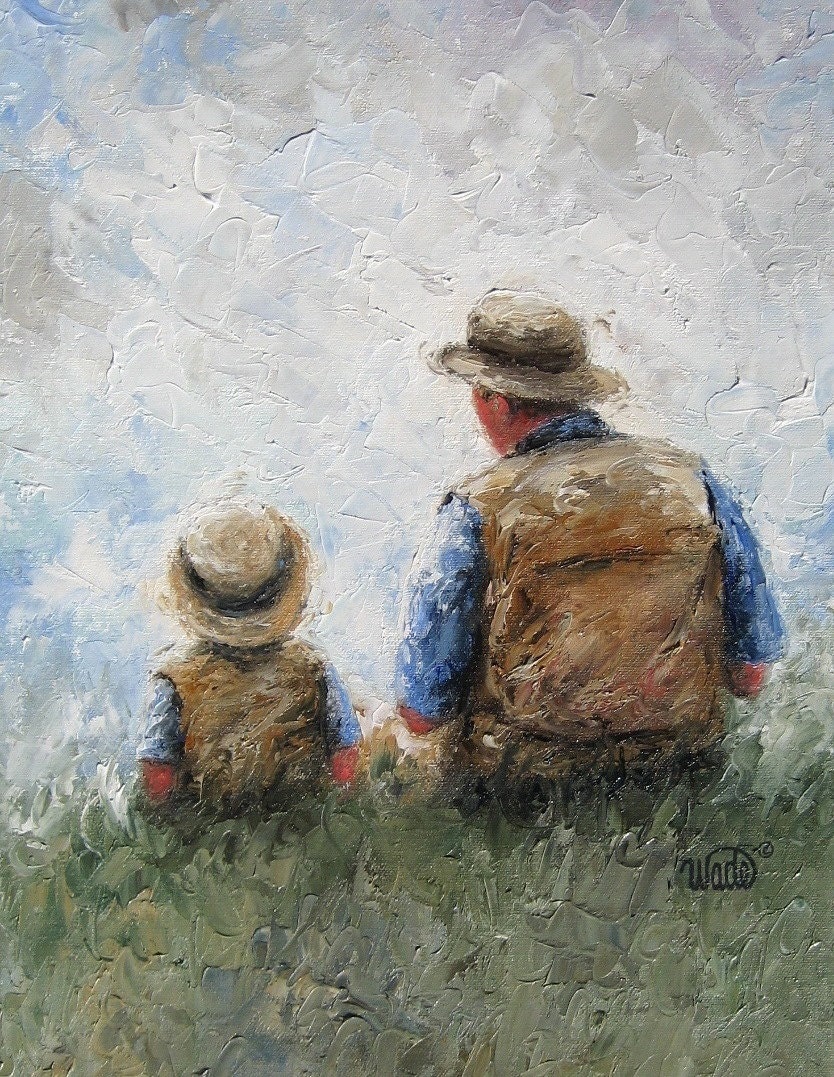 Papa père fils parler Art Print fils peinture petit garçon