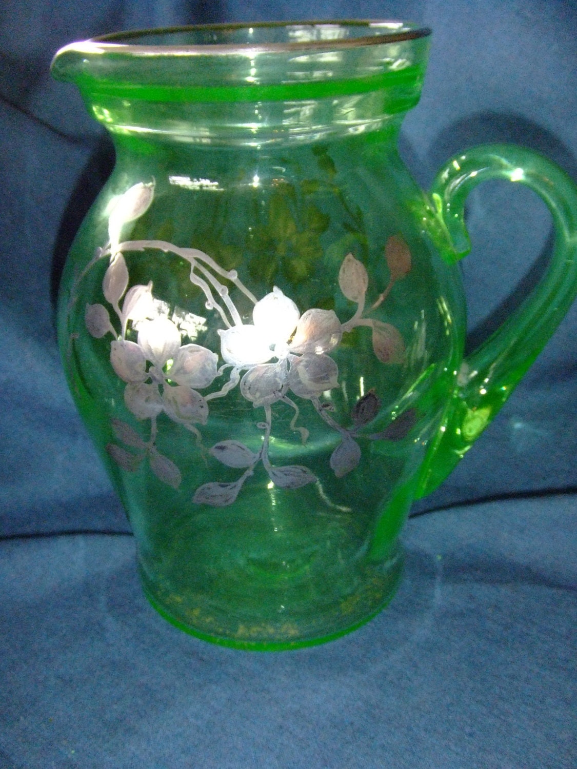 Antique Vaseline Green Glass Pitcher Silver By Treasureislandlady