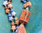 Vintage Chinese Lantern Necklace Peach and Blue Enamel with Origami Stars Peach Agates and Vintage Glass Asian Inspired Jewelry