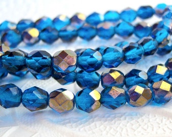 Czech 6mm faceted round capri blue beads with a luster bronze finish, lot of (30) - DV74