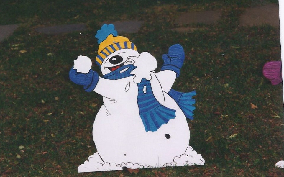Handmade Custom painted boy and girl snowmen throwing snowballs