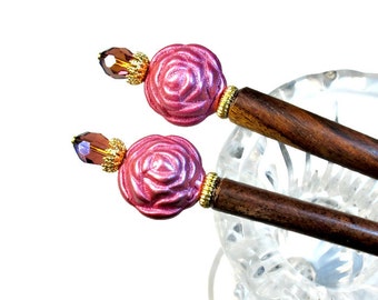 Pink Hair Accessories, Hairsticks, Flower, Rose, Prom Accessory, Hair Sticks, PAIR