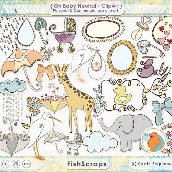 Baby Shower Clip Art, Baby Girl Digital Illustration Download, Rubber Duck, Stork, Zoo Animal ClipArt, Giraffe, Elephant, DIY Card Il_570xn