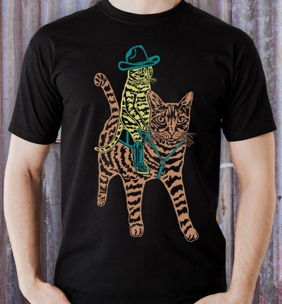 Men's Tshirt Cowboy Cat Riding another Cat by GallopingBoyDesign