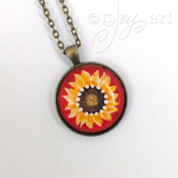 Wearable Art, Sunflower on Red Pendant with necklace, original acrylic painting under glass, mini art, NOT A PRINT