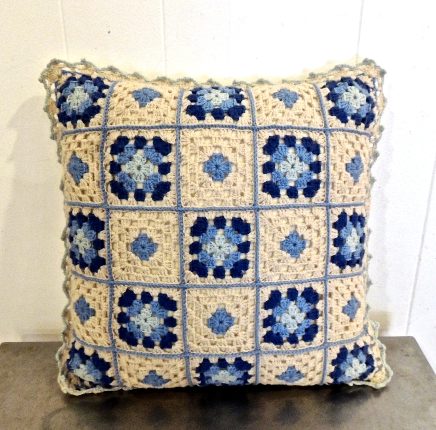 vintage crochet throw pillow 1960s white/blue mid century
