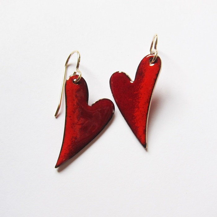 Red enamel heart earrings Small red drops Sweetheart gold wire