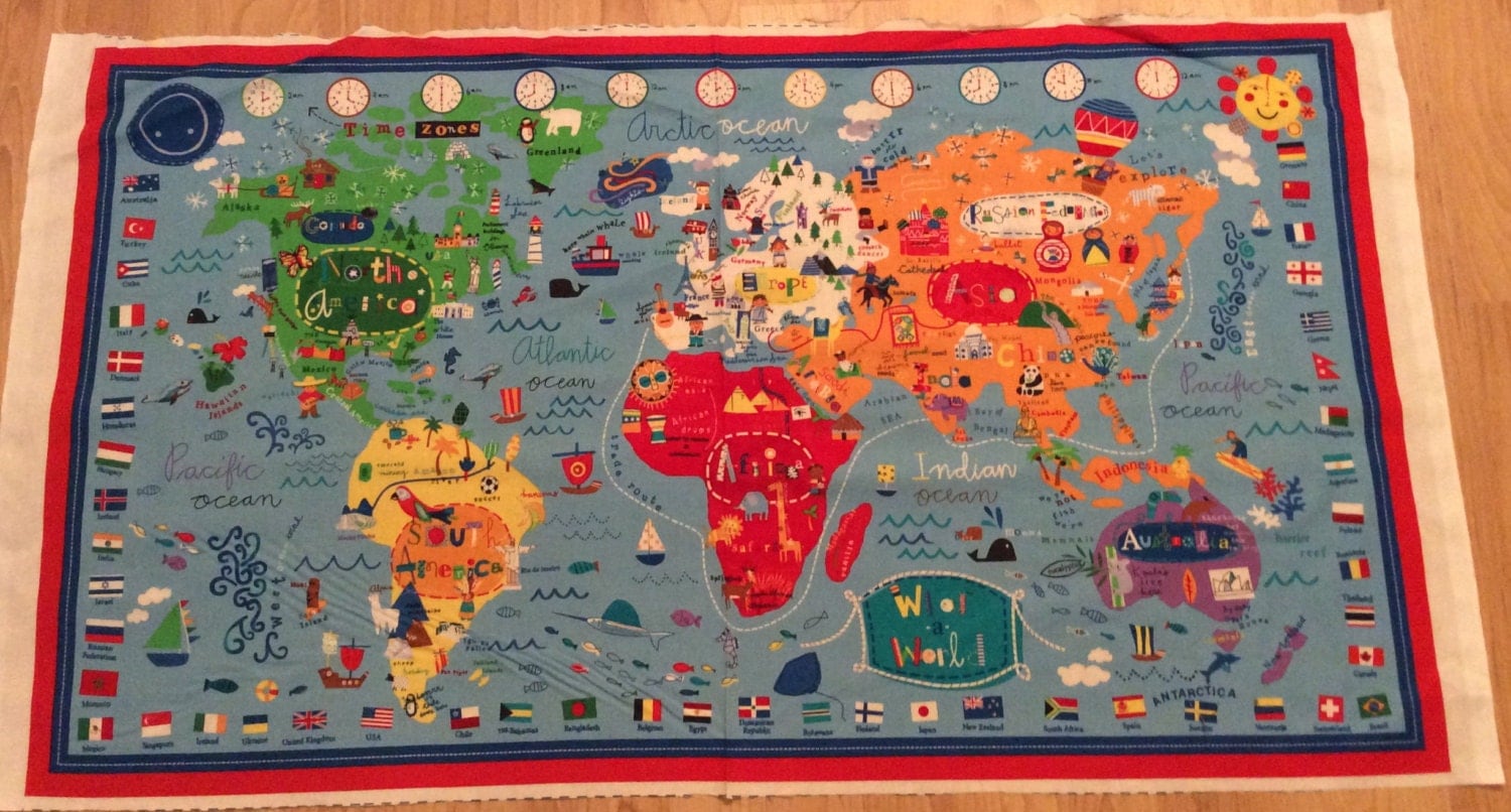 A Wonderful What In The World Map Of The World Fabric Panel