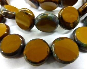 15 Czech Glass Flat Round Disc Beads in Opaque Mustard Ocherl with Picasso Edges Size 11mm
