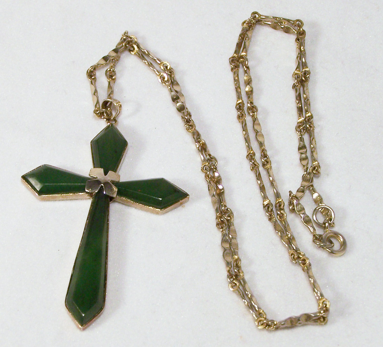 Vintage Green Jade Large Cross Pendant 26 Inch by GretelsTreasures