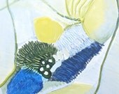 Abstract Patterned -Original Painting on Wood 16x20" Bright Yellow- Cobalt- Greens- Light Background- Textured Art