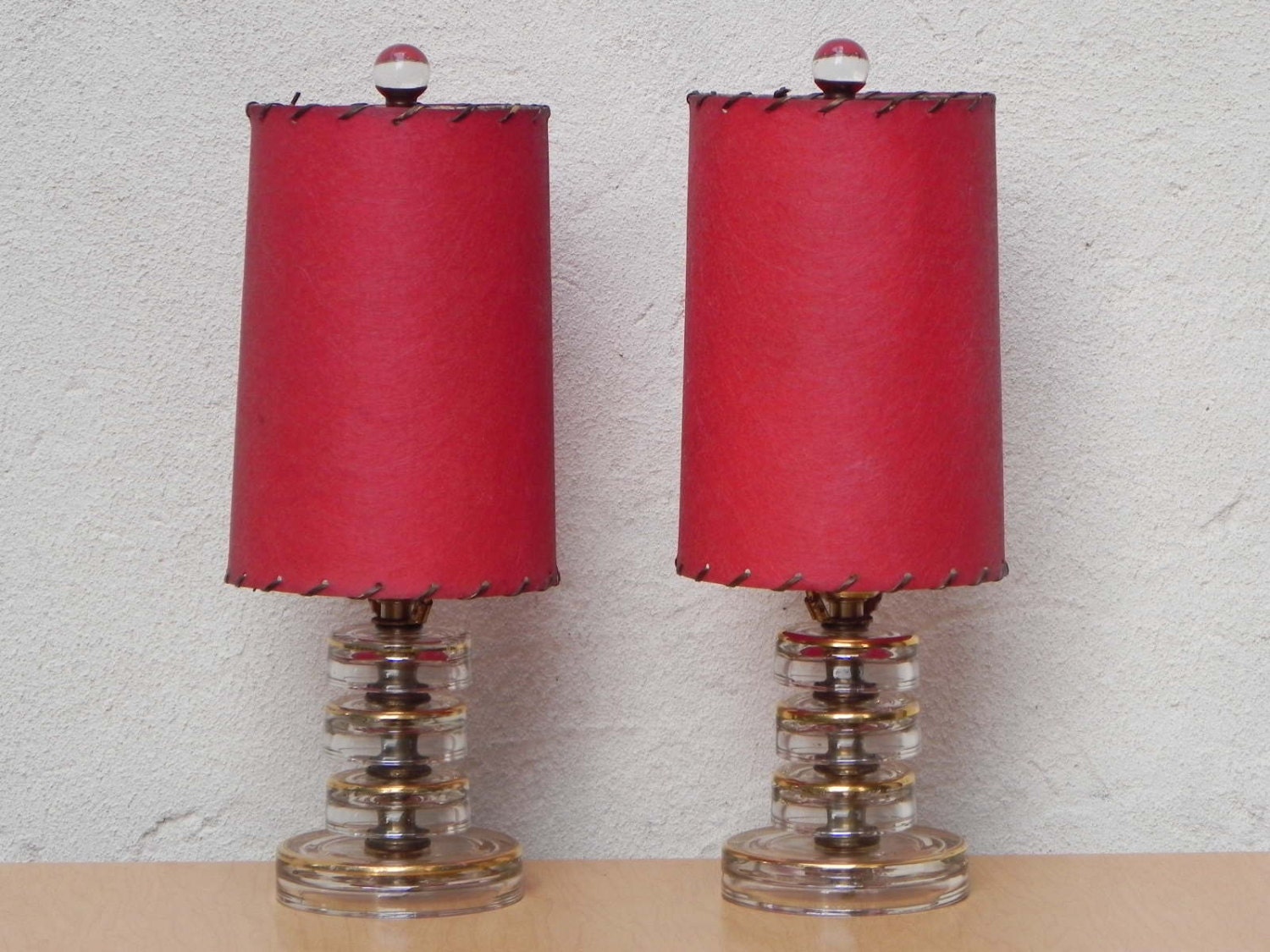 Pair Deco Cylindrical Glass Dresser Lamps with Red Shades and