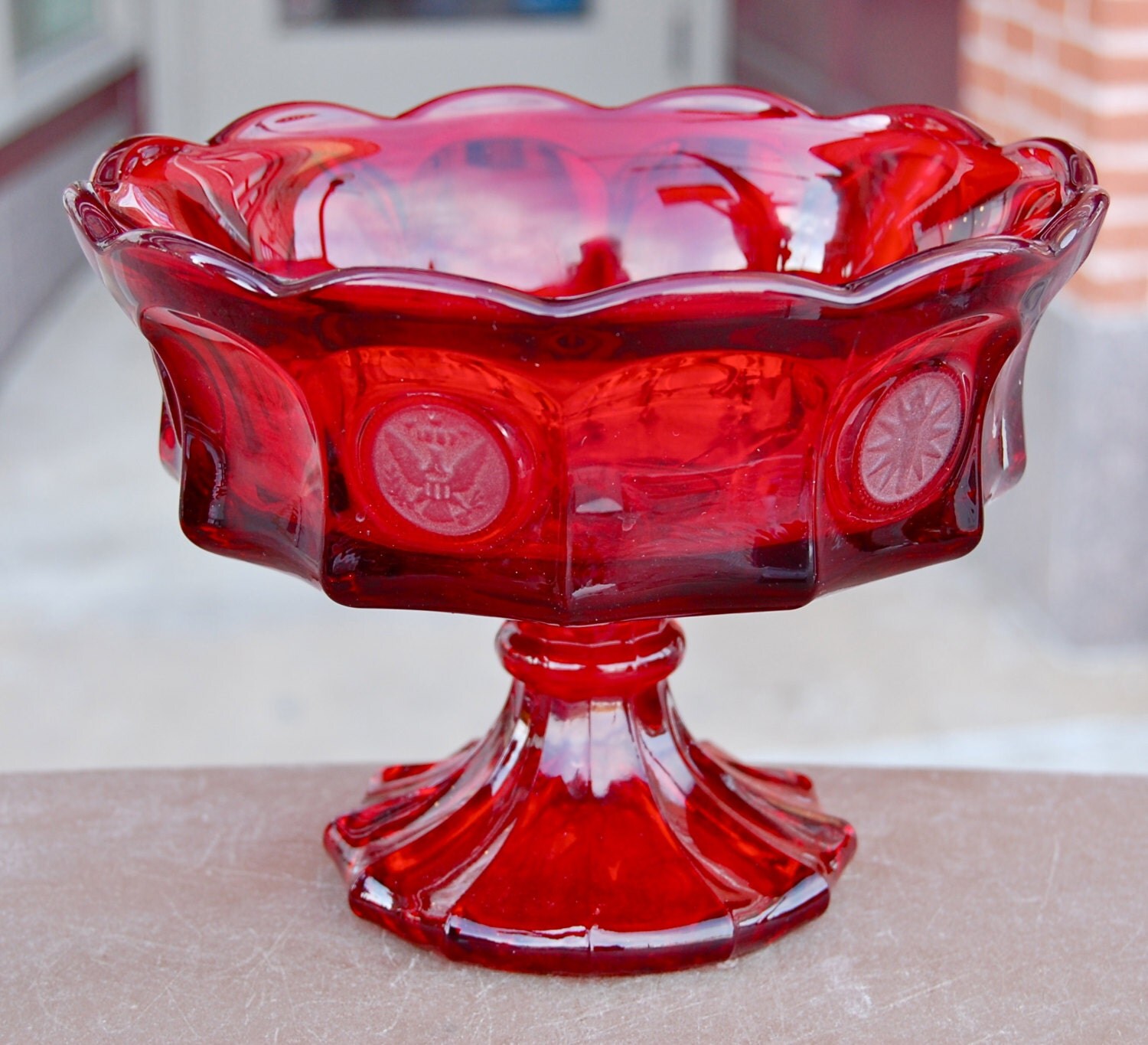 Antique red glass compote in The Coin Pattern by by hazelhome