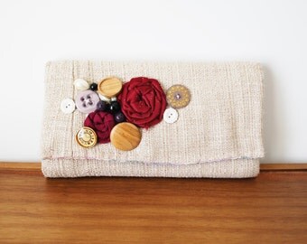 Beige Cloth Trifold Clutch Wallet with Rosettes and Buttons