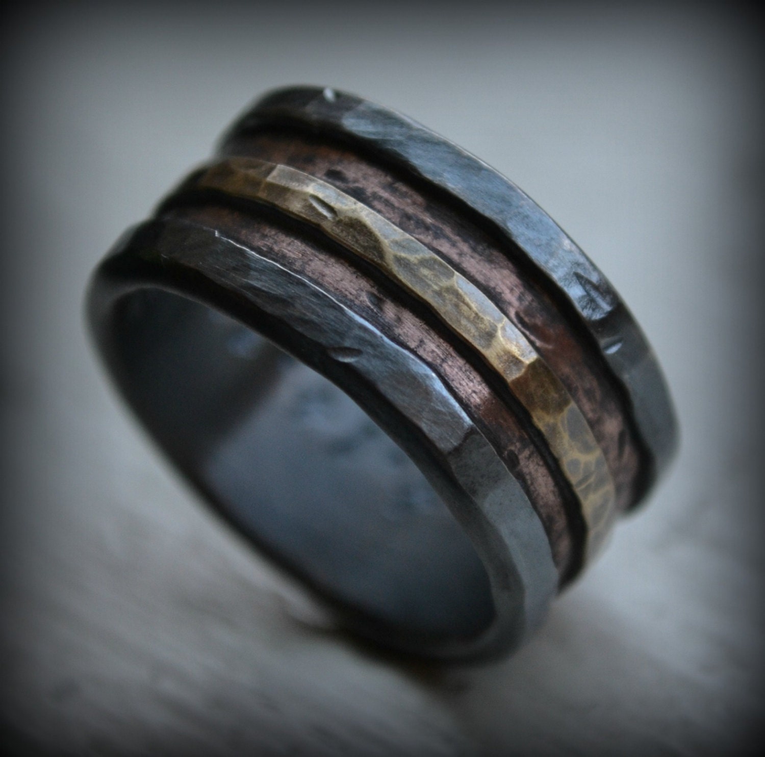 mens wedding band rustic fine silver copper and brass