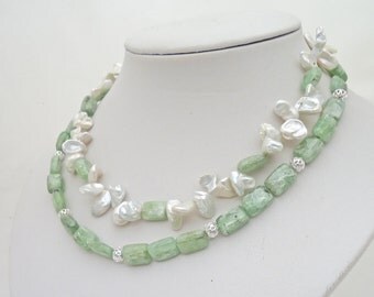 Green Kyanite and Pearls Necklace, Double Strand Necklace , Elegant Necklace, Gemstone Necklace, Green and White Necklace, UK Seller
