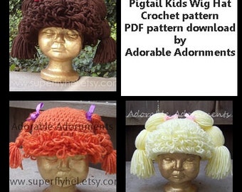 Pigtail Kids Wig Hat- Crochet pattern only- PDF pattern download - Yarn Wig Crochet Pattern - Cabbage Patch Wig - Doll Wig Hat- Hat Wig