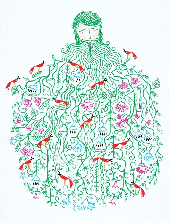 Let It Grow - beard hair hairstyle plants bird nature - illustration - Limited Edition Art Poster Print - iOTA iLLUSTRATiON