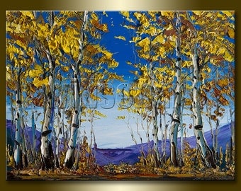 Original Autumn Birch Forest Landscape Painting Oil on Canvas Textured Palette Knife Modern Tree Art 12X16 by Willson Lau