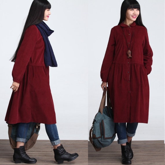 Romatic Corduroy Long sleeved Long Maxi Dress Red Women