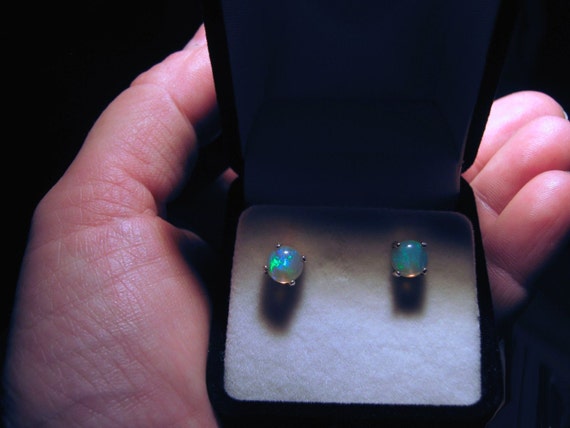 Ethiopian Opal Stud Earrings Sterling Silver Round Cabochon