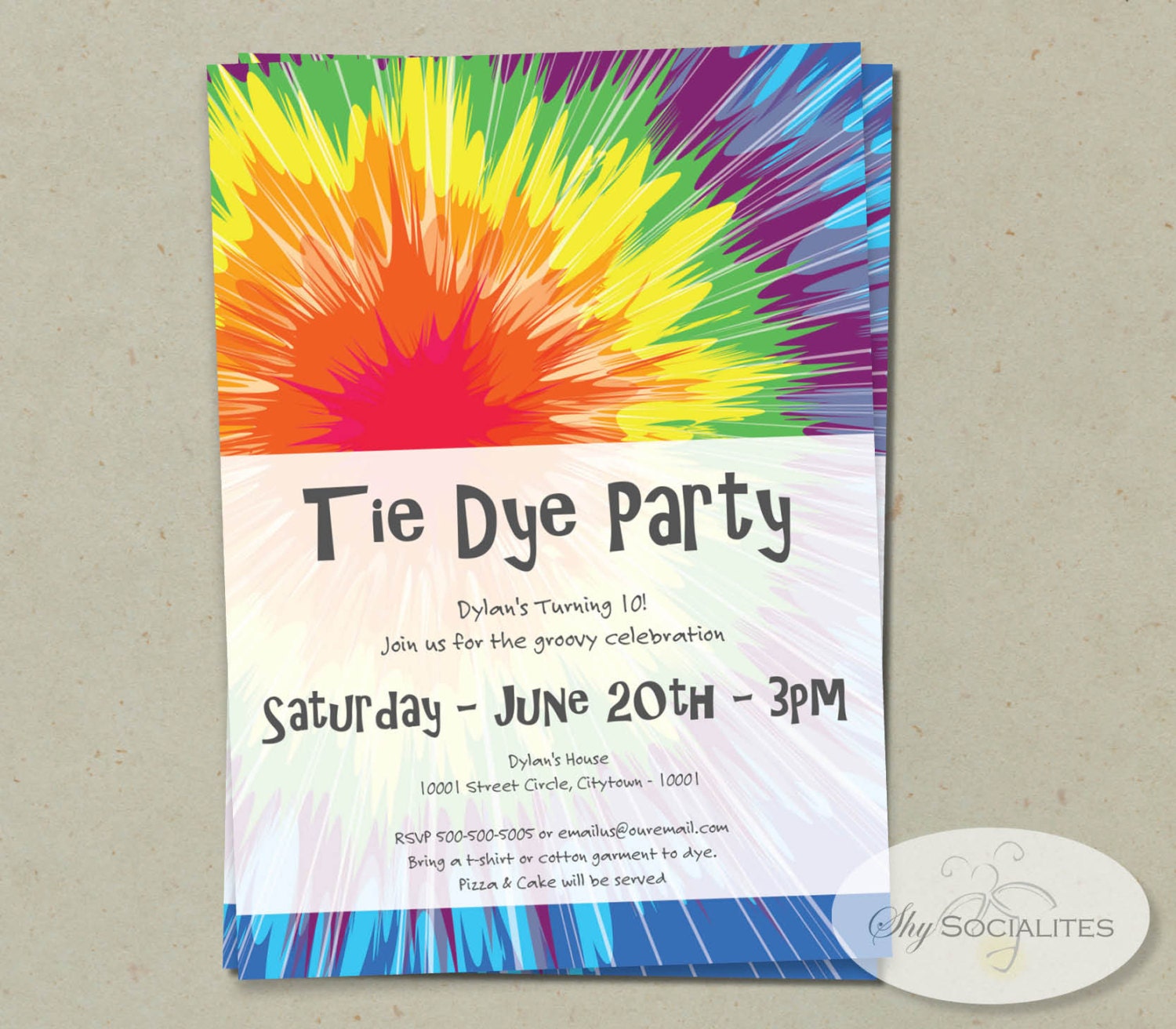 Tie Dye Invitation INSTANT DOWNLOAD Editable Text PDF that