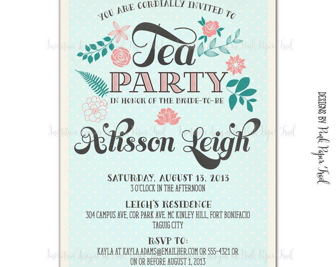 Rustic Vintage Shabby Chic Tea Party Invitation, I will customize for you, Printable, Wedding, Bridal Shower, Baby Shower, Birthdays