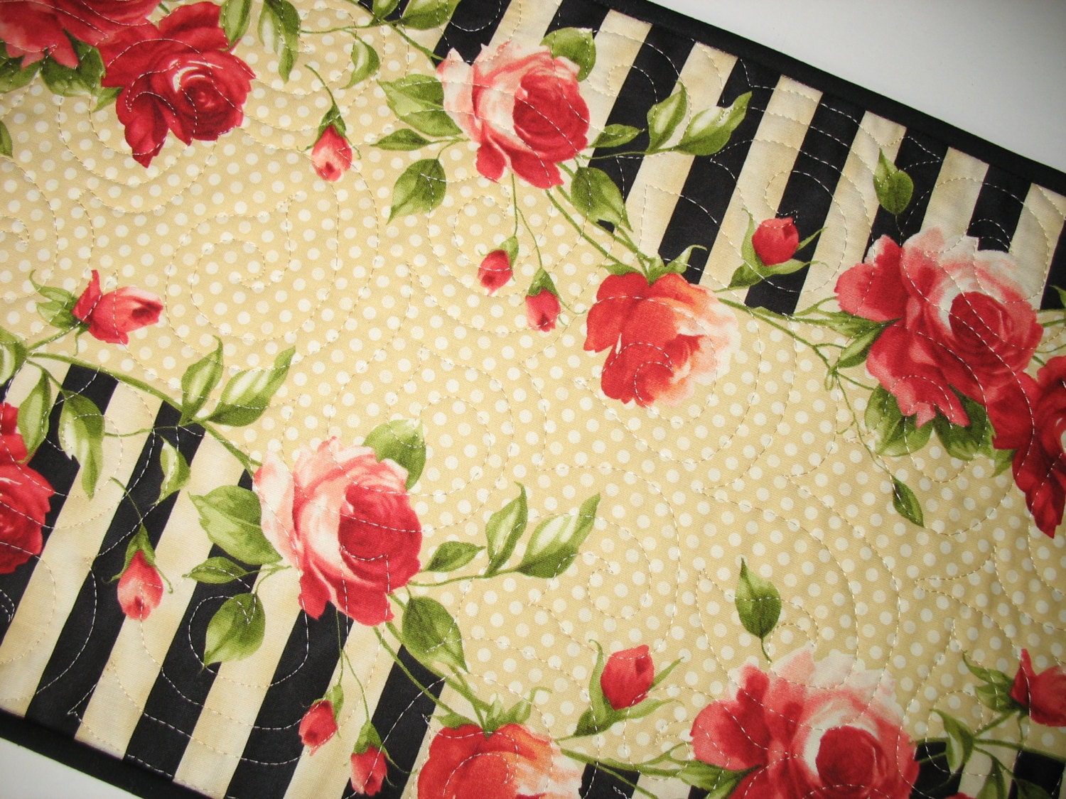 Roses Table Runner Spring or Summer in red black and cream