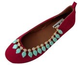 Red suede ballet flats,with turquoise swarovski,Comfortable ballet flats, genuine leather, red suede flats, swarovski flats