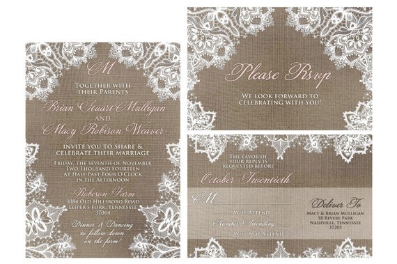 Kraft Colored Linen and Lace Invitation Set. Lace and Linen