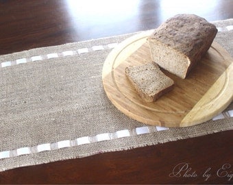 Burlap Table Runner with White Double Face Satin Ribbon - Best in White - Celebrate Seasons in Elegance