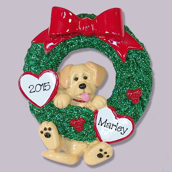 Yellow Labrador PUPPY DOG Hanging in Wreath Hand Painted RESIN Personalized Christmas Ornament