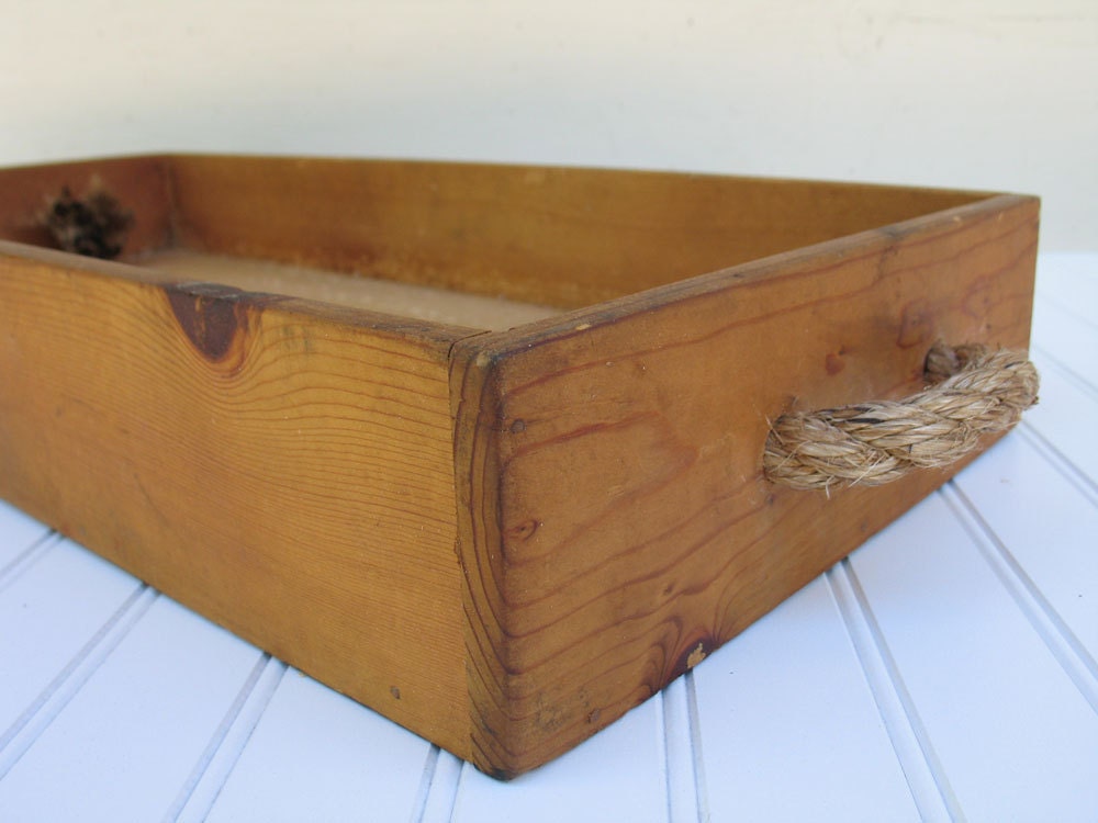 Vintage Wood Tray with Rope Handles Rustic Primitive Wood