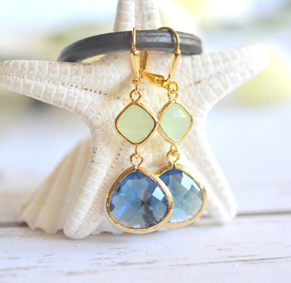 Sapphire Blue and Mint Dangle Earrings in Gold. by RusticGem