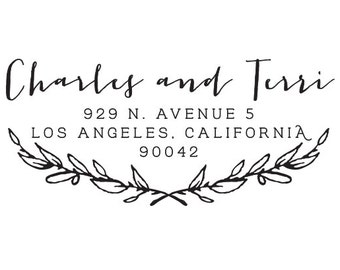 Custom Calligraphy Return Address Rustic Laurel Wreath Rubber Stamp Wodden Handle Foliage Leaves