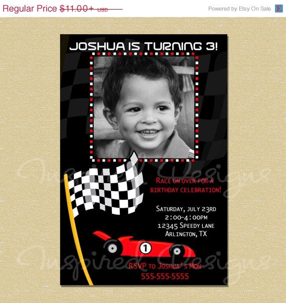 ON SALE Race On Over Race Speed Red Car Black and White Flag Birthday Invitation - All Ages Il_570xn