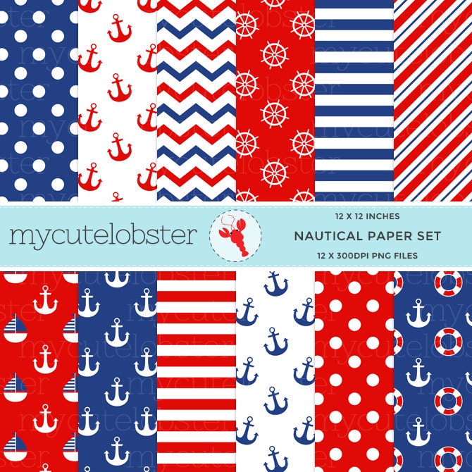 Nautical Digital Paper Set nautical paper by mycutelobsterdesigns