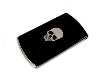 Vertical Business Card Case Skull Inlaid in Hand Painted Enamel Gothic Victorian Custom Colors and Personalized Options