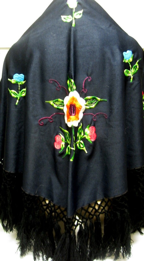 Black Shawl Throw Wrap Embroidered Rose Fringed