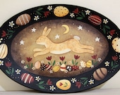 Hand Painted Plate  Easter Folk Art Spring Primitive Colors, Oval Wooden Plate with Leaping Bunny, Flowers, Easter Eggs, Tulips, Daisies