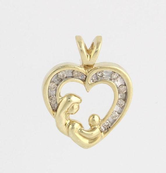 Diamond Mother Heart Pendant - 10k Yellow  White Gold Genuine ...