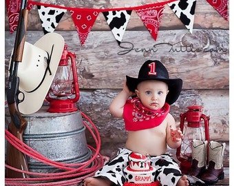 Cowboy Birthday Outfit Party Set in Cow Hide Diaper Cover Chaps Red Bandana and Cowboy Hat Cake Smash outfit