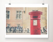 letter box, post box photograph, mail box, bike, bicycle, cambridge photograph, red, england, color photography, travel photograph