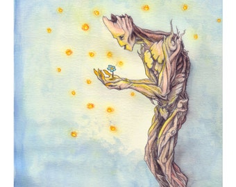 watercolor and pencil illustration 'We are Grooooot'- 5x7 inch print