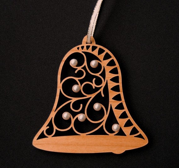 Bell Ornament, Pearl Ornament, Wood, Wooden, Christmas Tree Decor, Custom Ornament