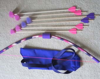 PVC Pink Purple Bow with 6 Foam Tip arrows and Quiver bag, play safe small PVC Bow and Arrow, fun kids toy bow set, archery toy