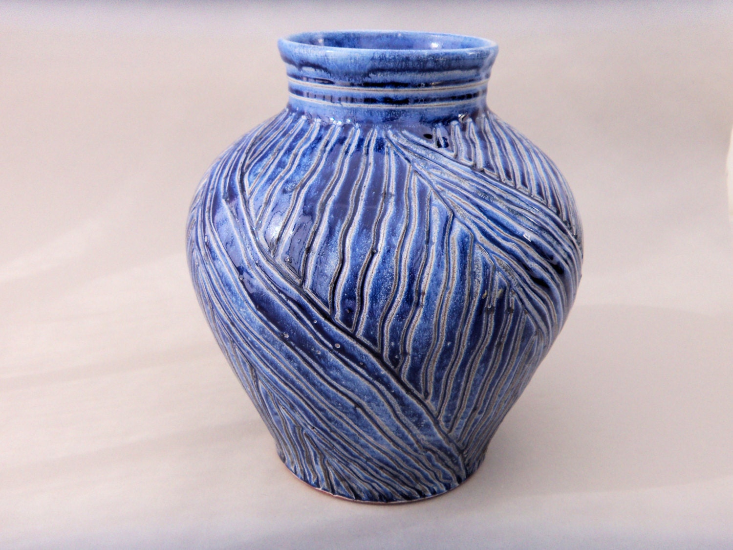 Ceramic Vase Blue Pottery Hand Carved Royal Blue Glazed