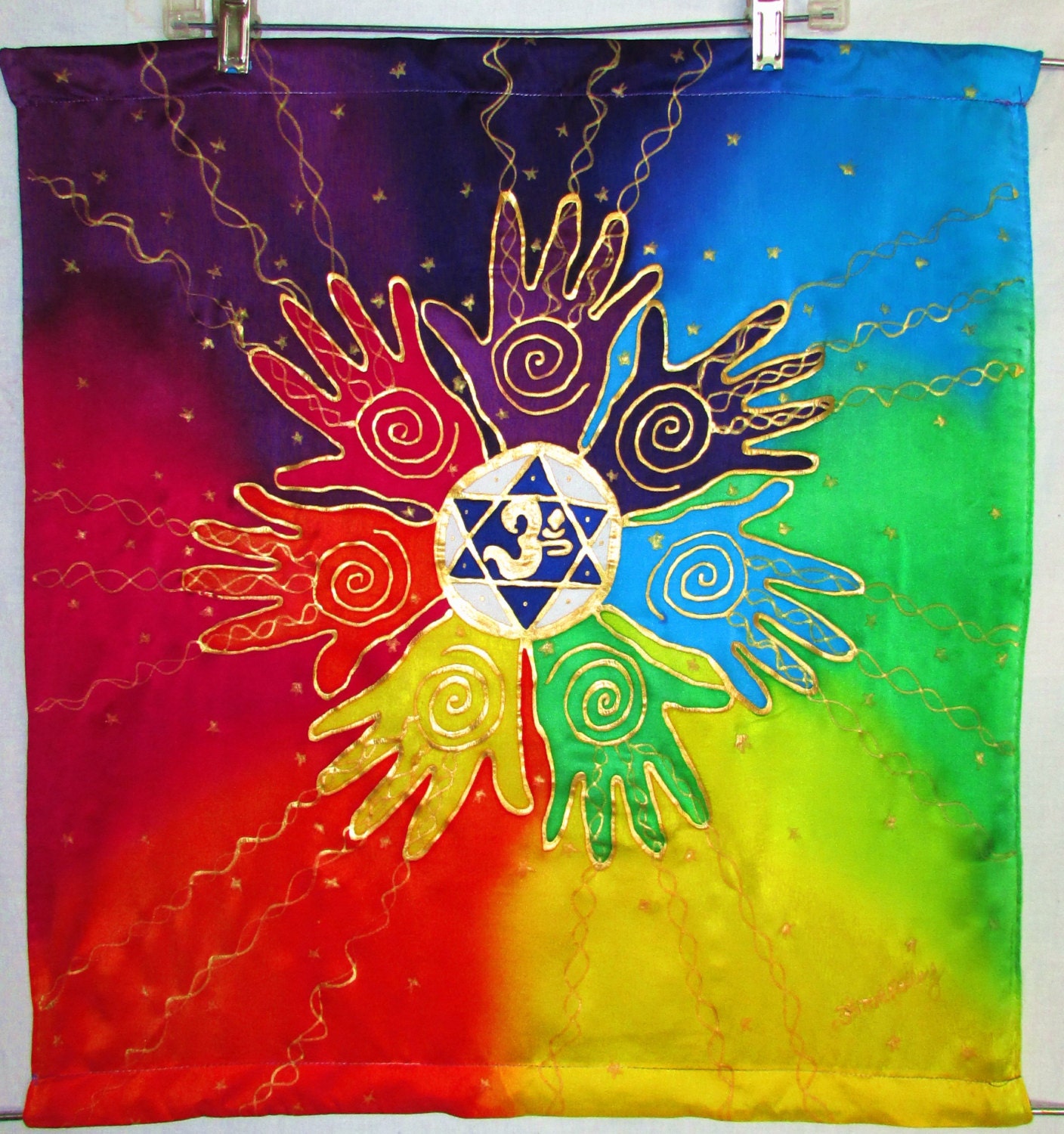 Chakra art Healing Hands silk wall hanging by HeavenOnEarthSilks